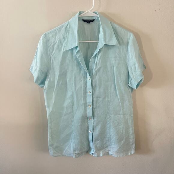 Lands End Linen Short Sleeve Top Womens 12 Blue Classic Minimalist Basic Shirt - Picture 1 of 10